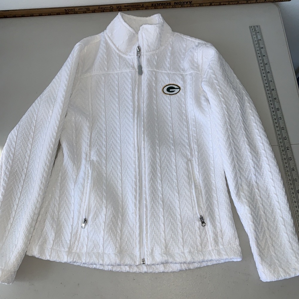 Green Bay Packers Cable Knit White Sweater Cowl Neck Full-Zip Small NFL Team